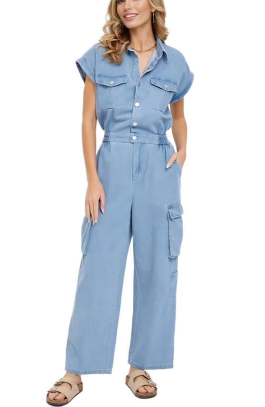 Utility Pocket Button-Down Jumpsuit in Washed Blue