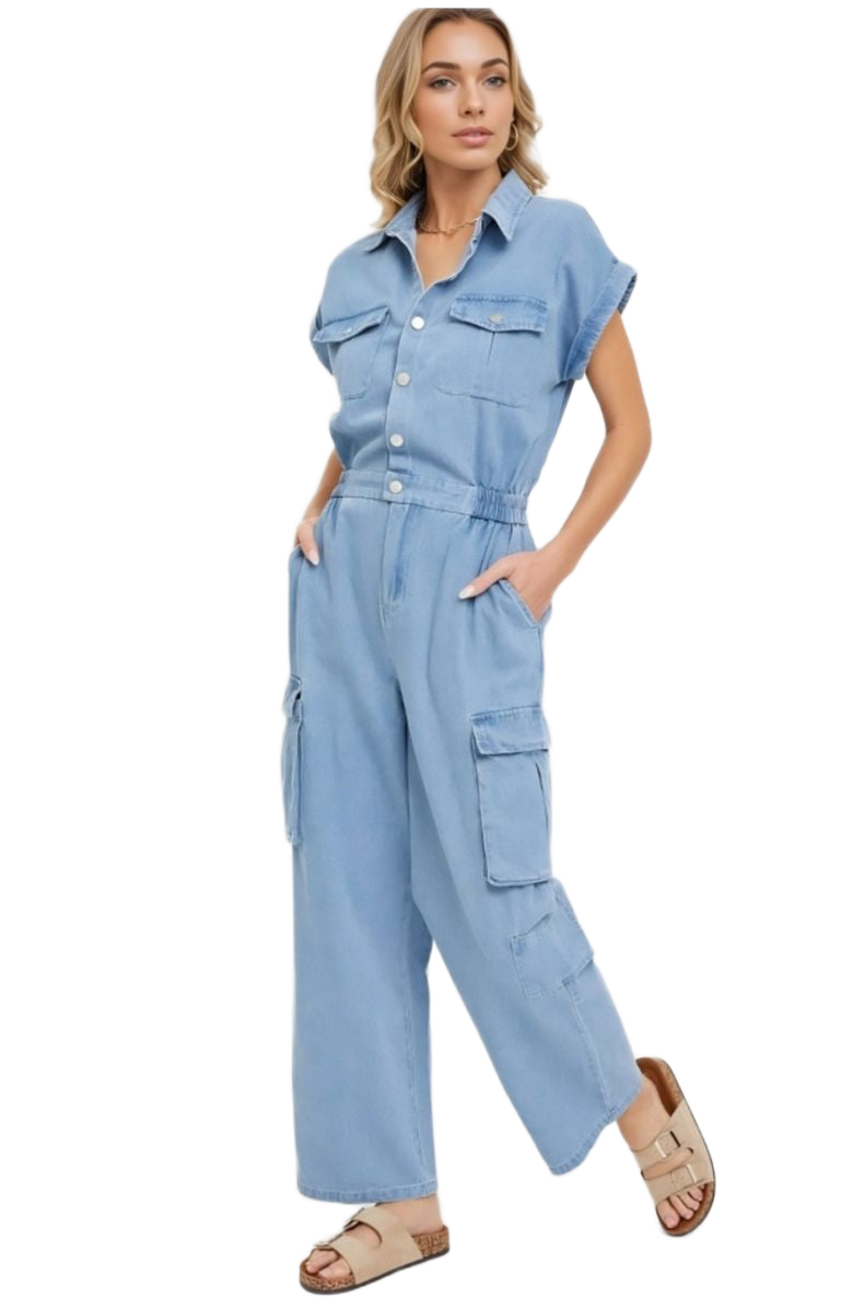 Utility Pocket Button-Down Jumpsuit in Washed Blue