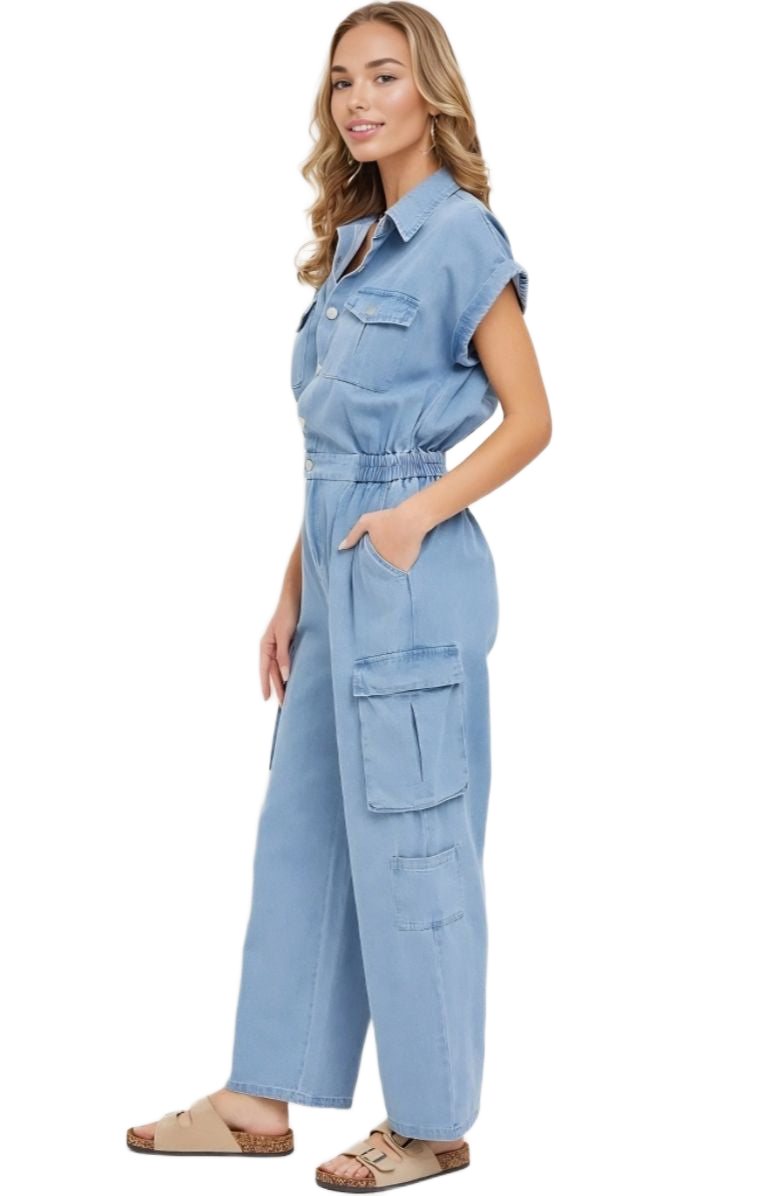 Utility Pocket Button-Down Jumpsuit in Washed Blue
