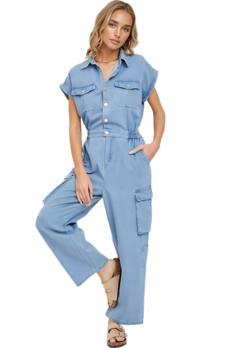 Utility Pocket Button-Down Jumpsuit in Washed Blue