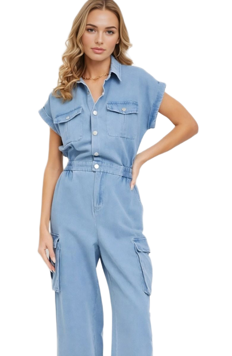 Utility Pocket Button-Down Jumpsuit in Washed Blue