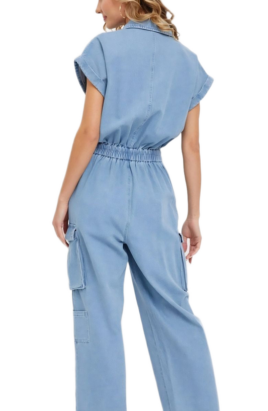 Utility Pocket Button-Down Jumpsuit in Washed Blue