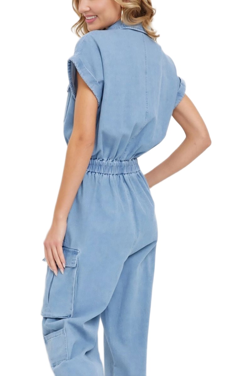Utility Pocket Button-Down Jumpsuit in Washed Blue