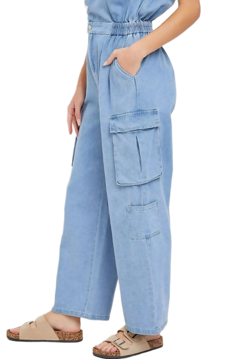 Utility Pocket Button-Down Jumpsuit in Washed Blue