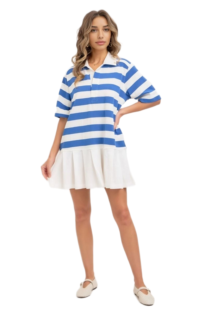 Blue & White Stripe Polo Dress with Contrast Hem