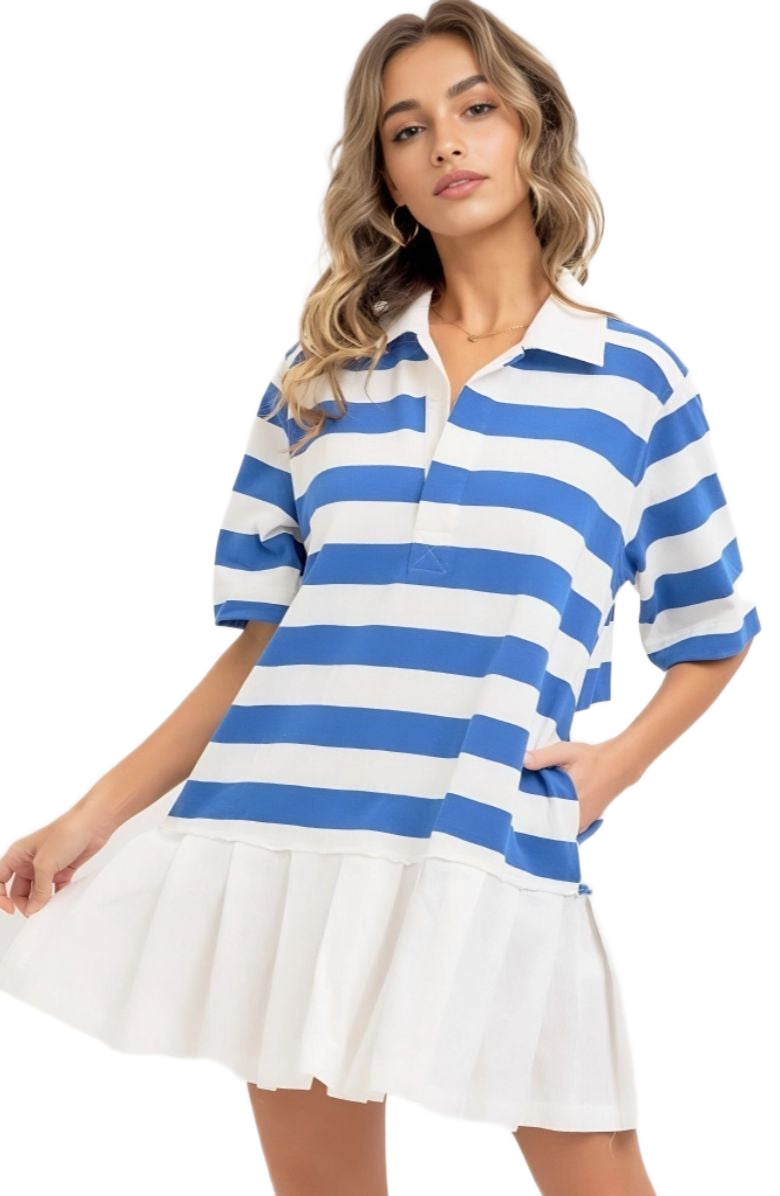 Blue & White Stripe Polo Dress with Contrast Hem