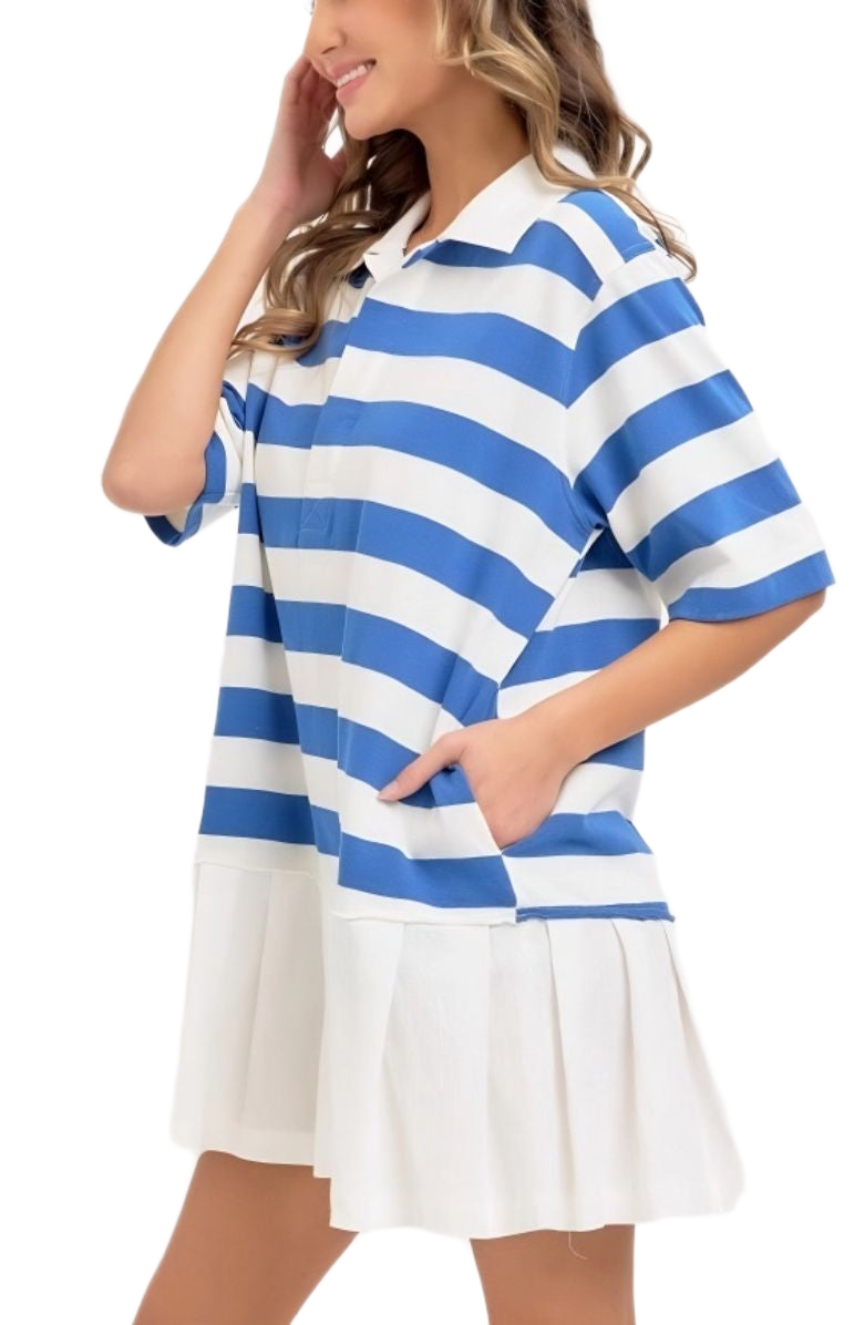Blue & White Stripe Polo Dress with Contrast Hem