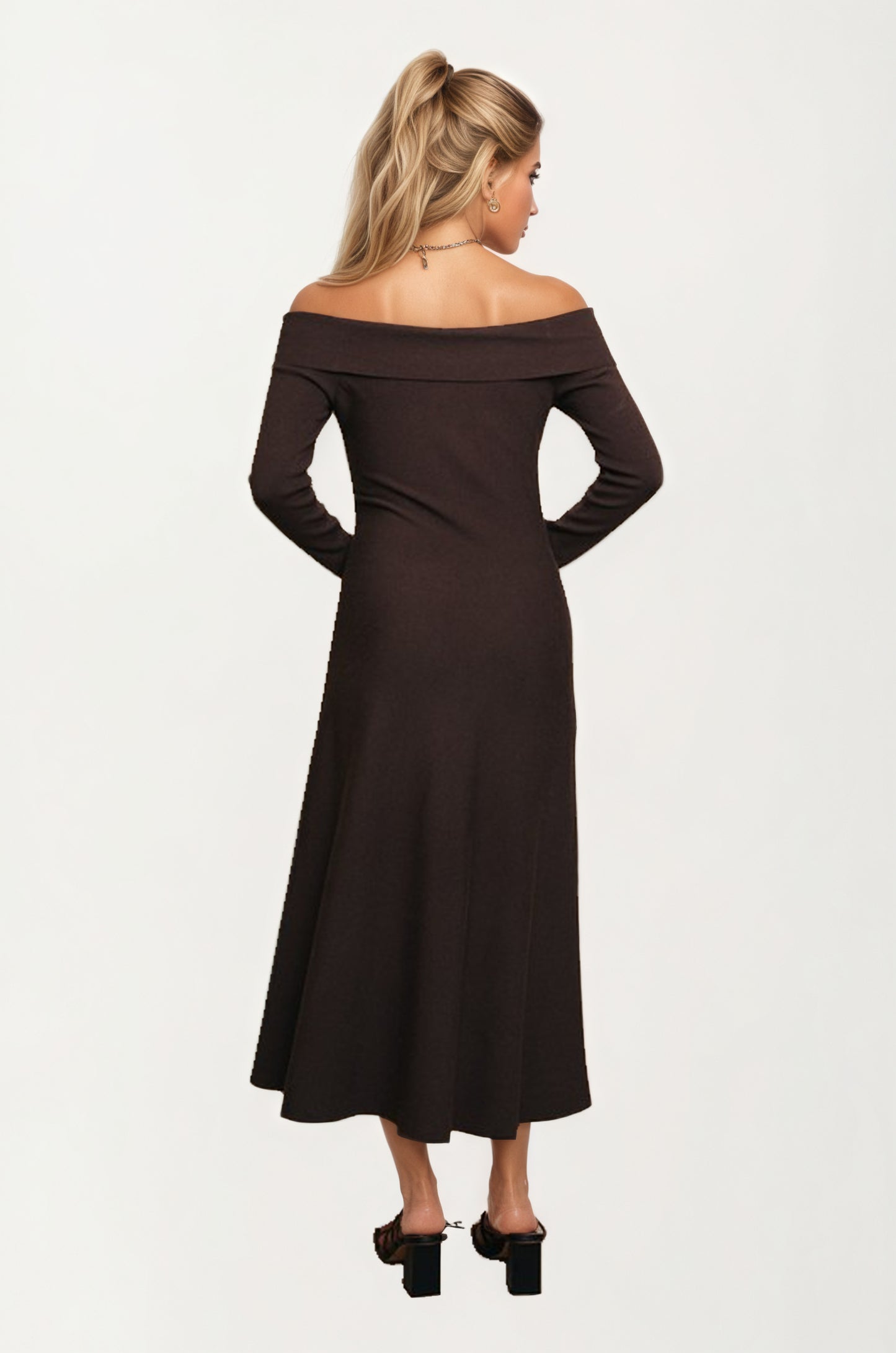 Off-Shoulder Long Sleeve Knit Midi Dress
