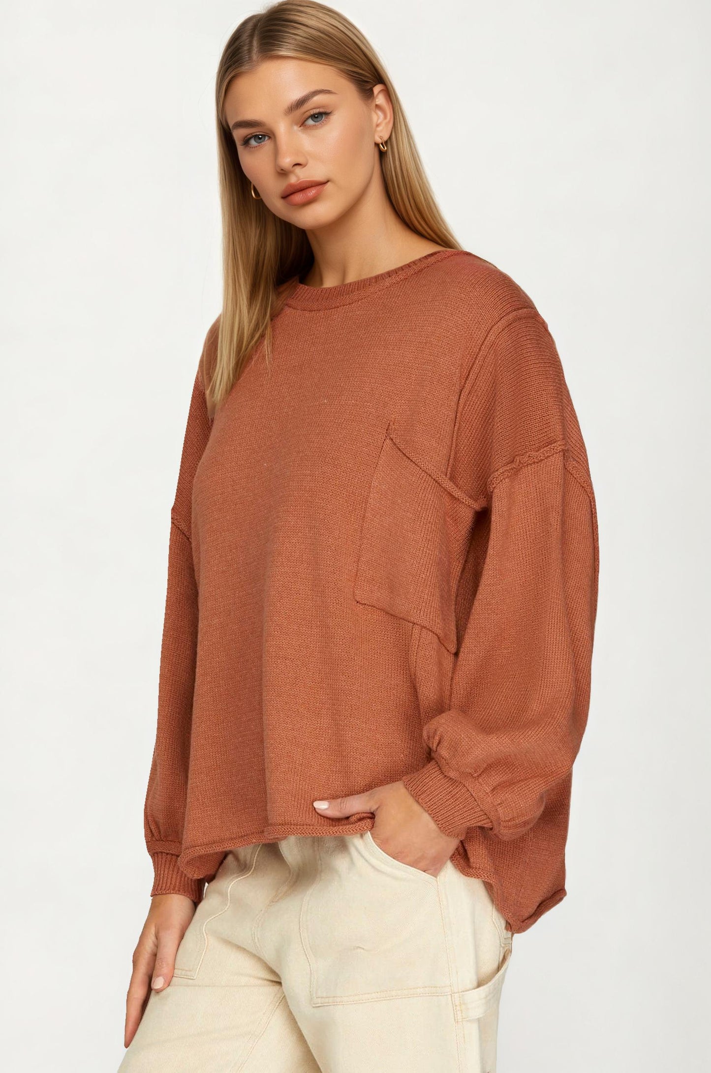 Oversized Knit Pullover Sweater with Balloon Sleeves