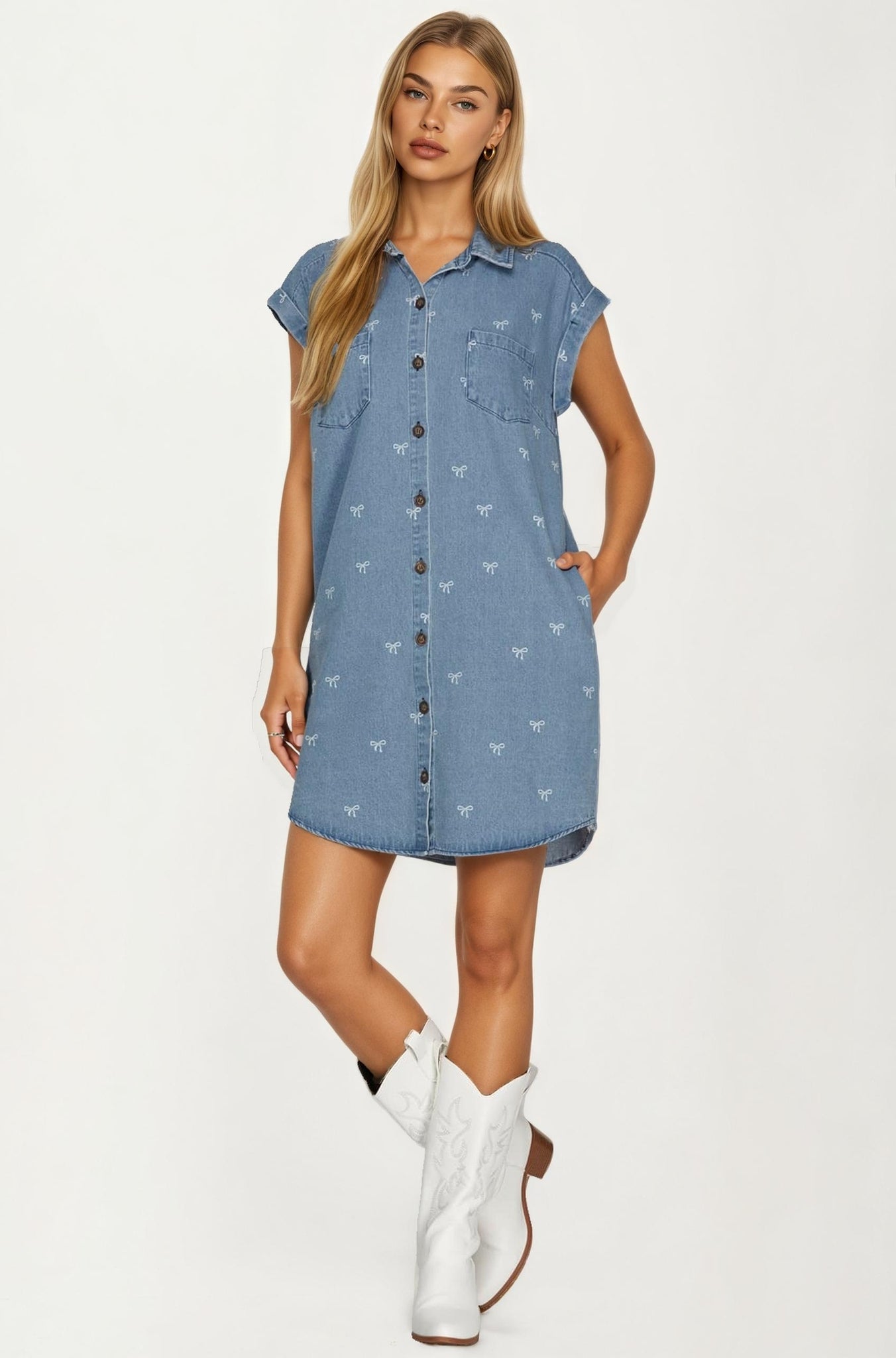 Embroidered Denim Shirt Dress with Button Front