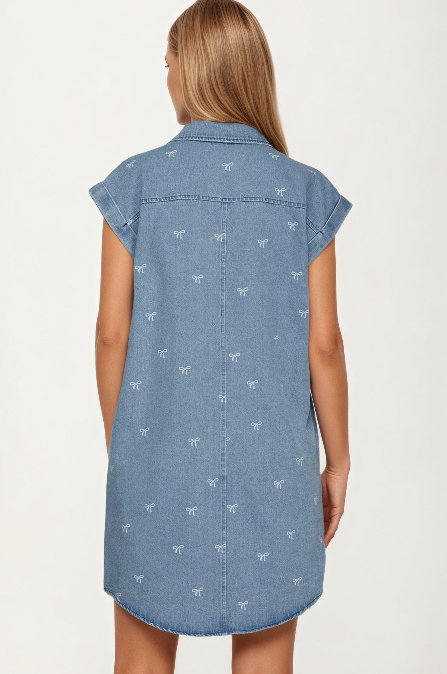 Embroidered Denim Shirt Dress with Button Front