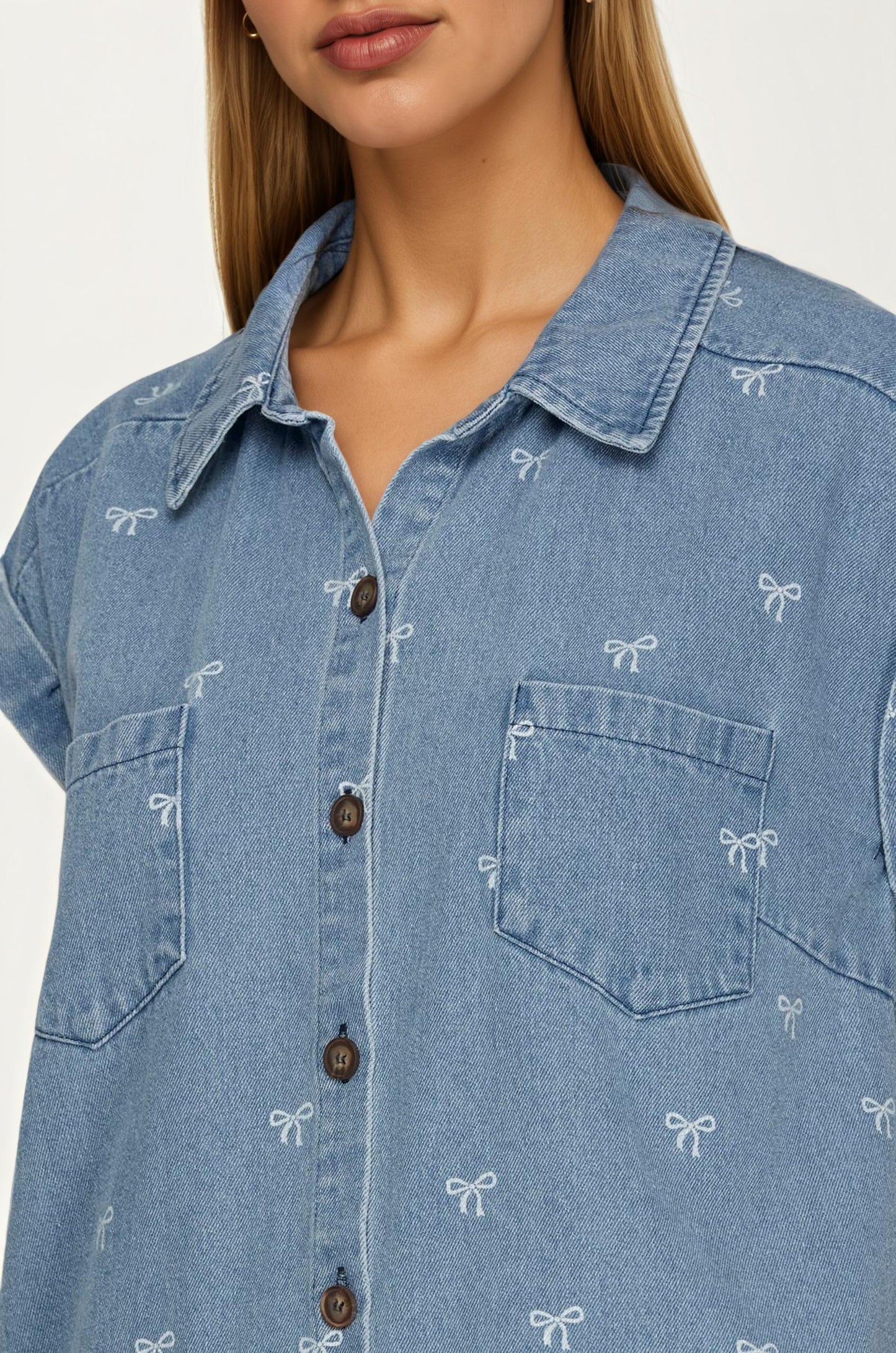 Embroidered Denim Shirt Dress with Button Front