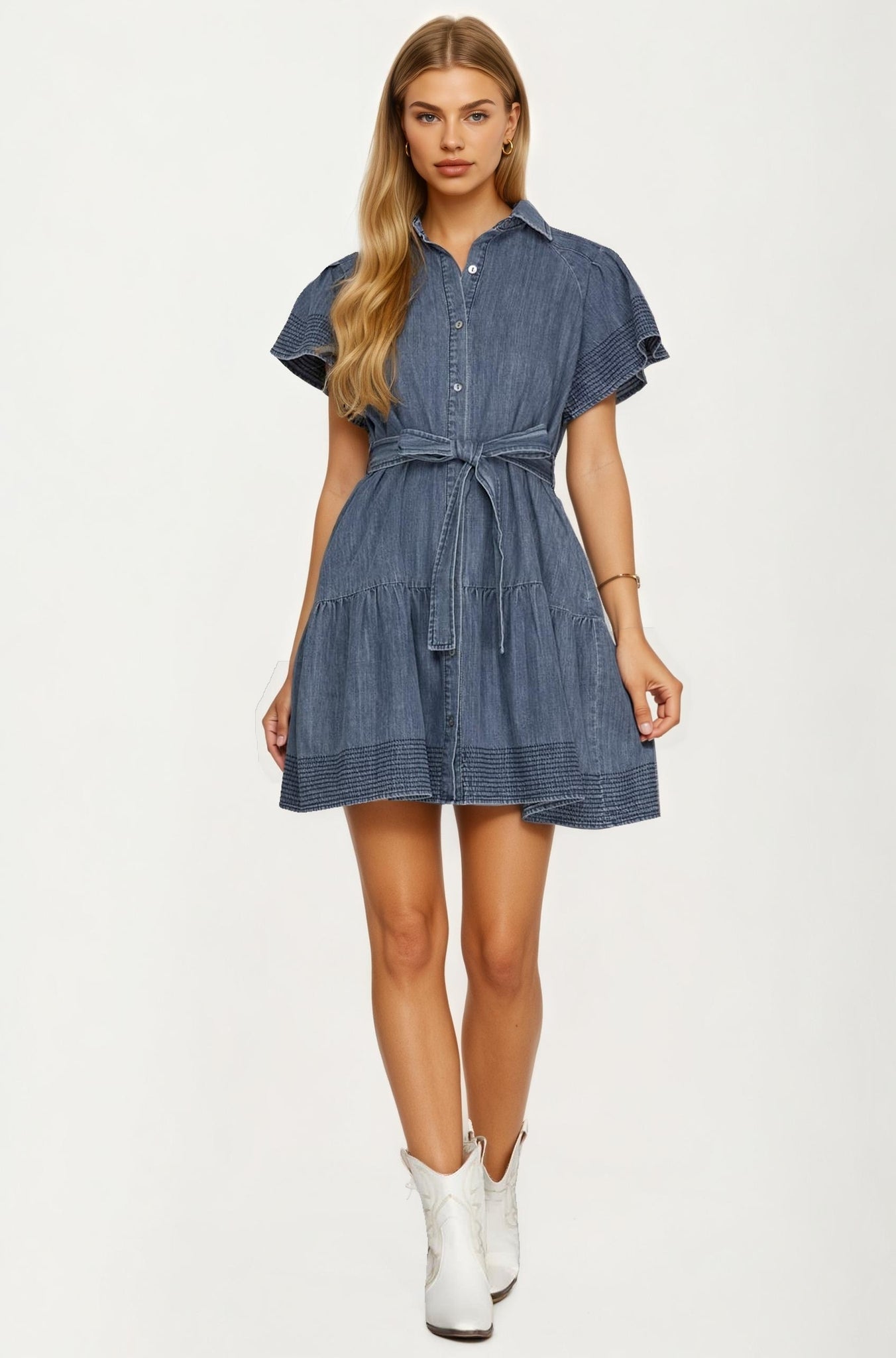 Chambray Button Front Dress with Flutter Sleeves