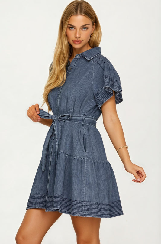 Chambray Button Front Dress with Flutter Sleeves
