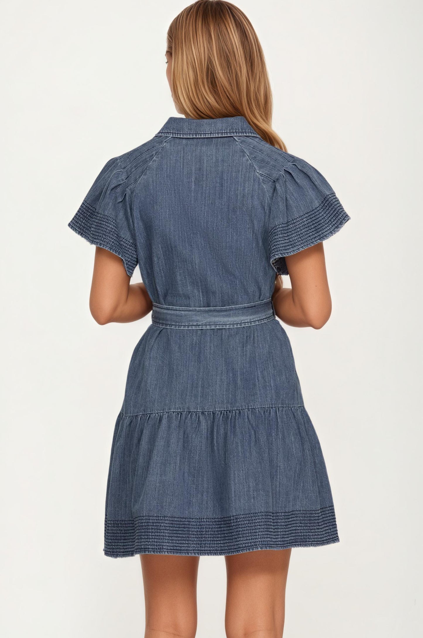 Chambray Button Front Dress with Flutter Sleeves