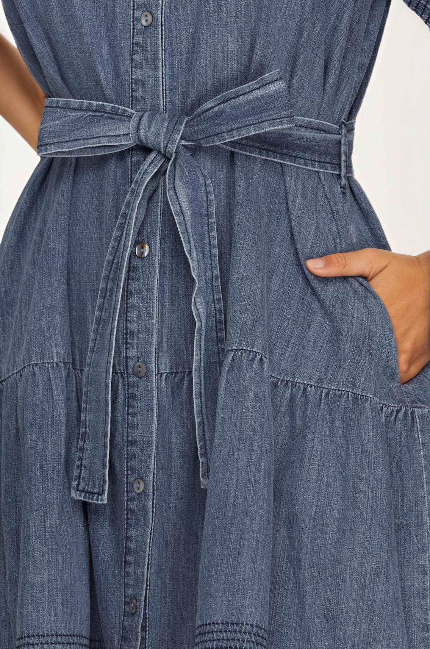 Chambray Button Front Dress with Flutter Sleeves