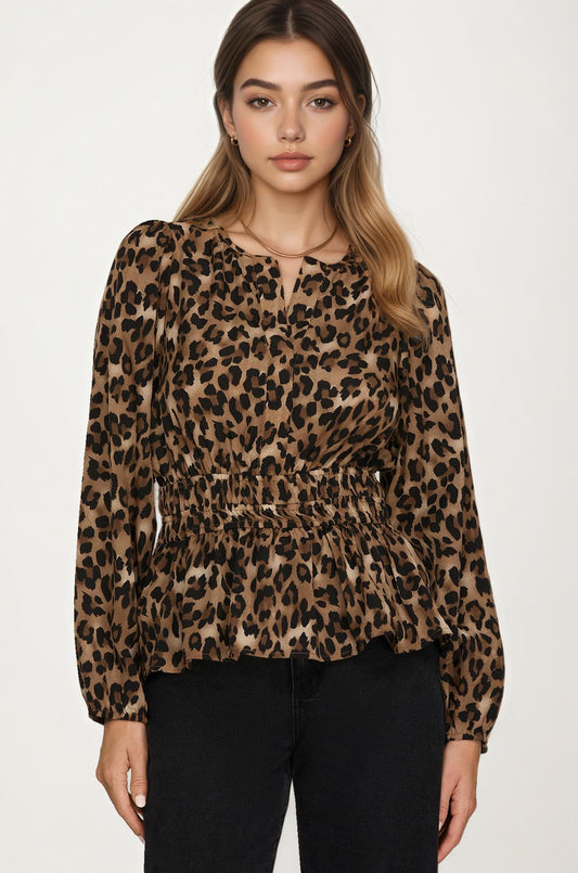 Leopard Print Smocked Waist Long Sleeve Blouse