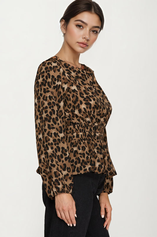 Leopard Print Smocked Waist Long Sleeve Blouse
