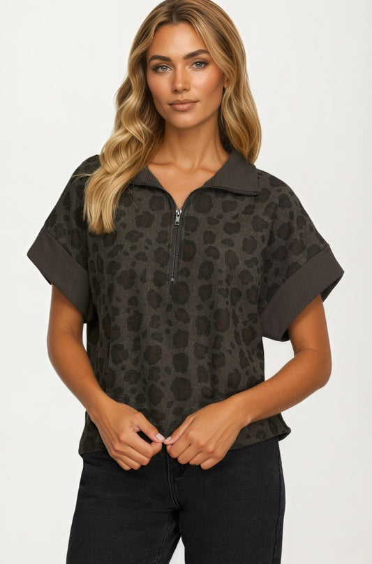 Leopard Print Short Sleeve Half Zip Collared Top
