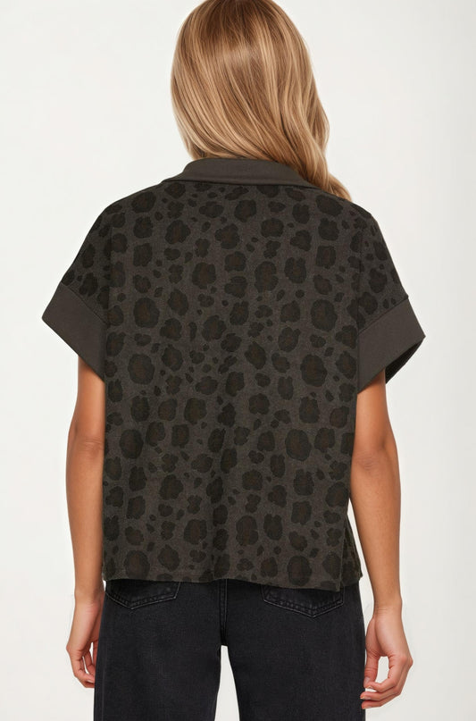 Leopard Print Short Sleeve Half Zip Collared Top