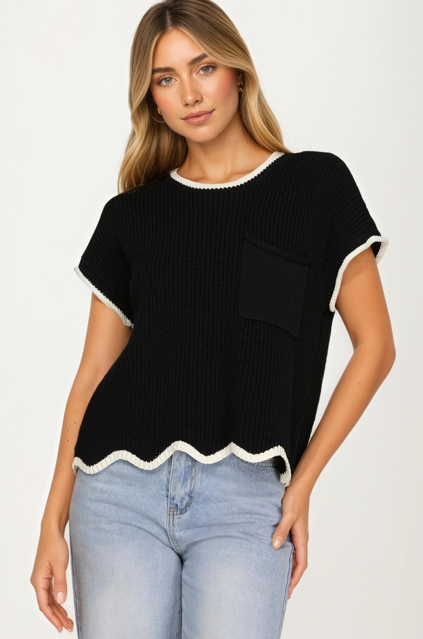 Short Sleeve Knit Top with Contrast Trim and Pocket