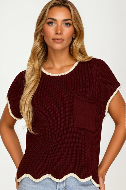 Short Sleeve Knit Top with Contrast Trim and Pocket