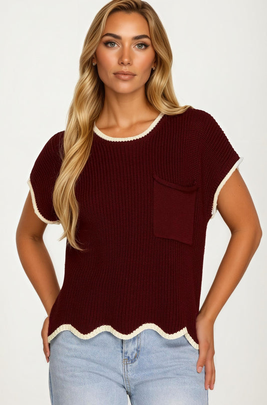 Short Sleeve Knit Top with Contrast Trim and Pocket