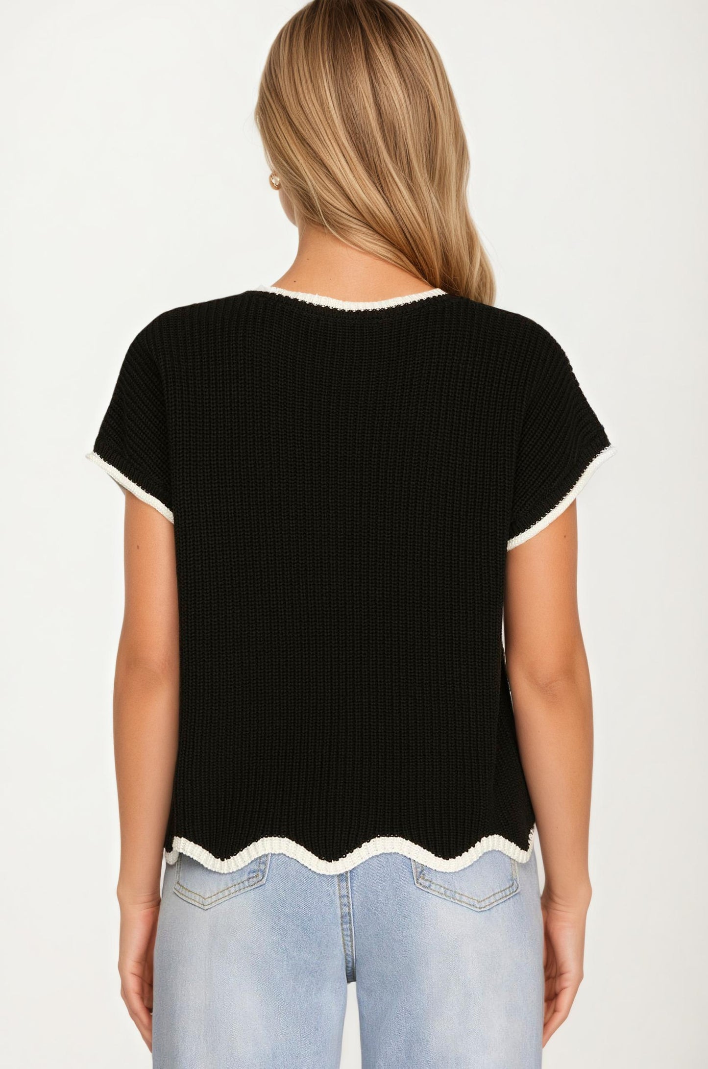 Short Sleeve Knit Top with Contrast Trim and Pocket