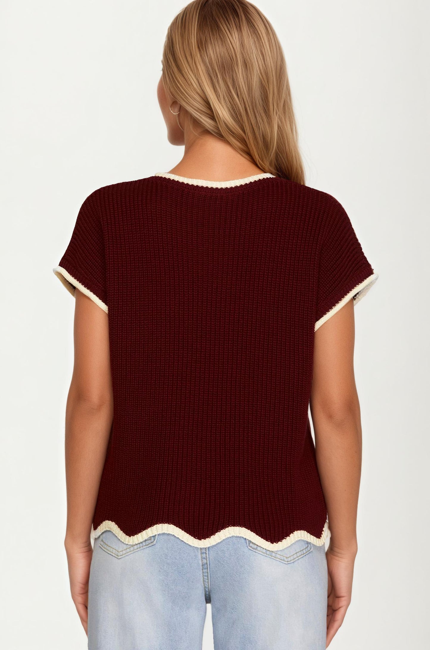 Short Sleeve Knit Top with Contrast Trim and Pocket