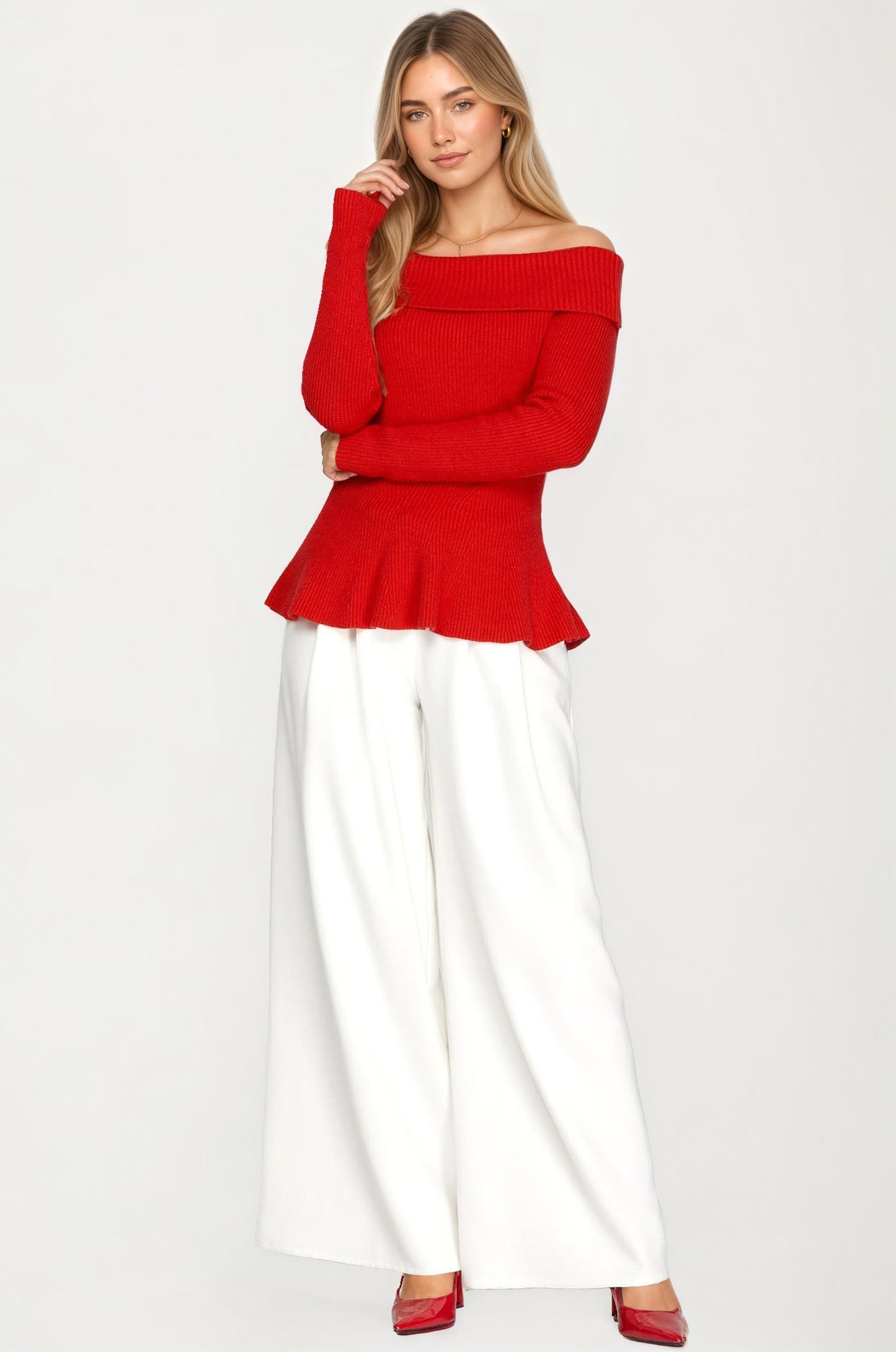 Off Shoulder Ribbed Knit Top with Long Sleeves