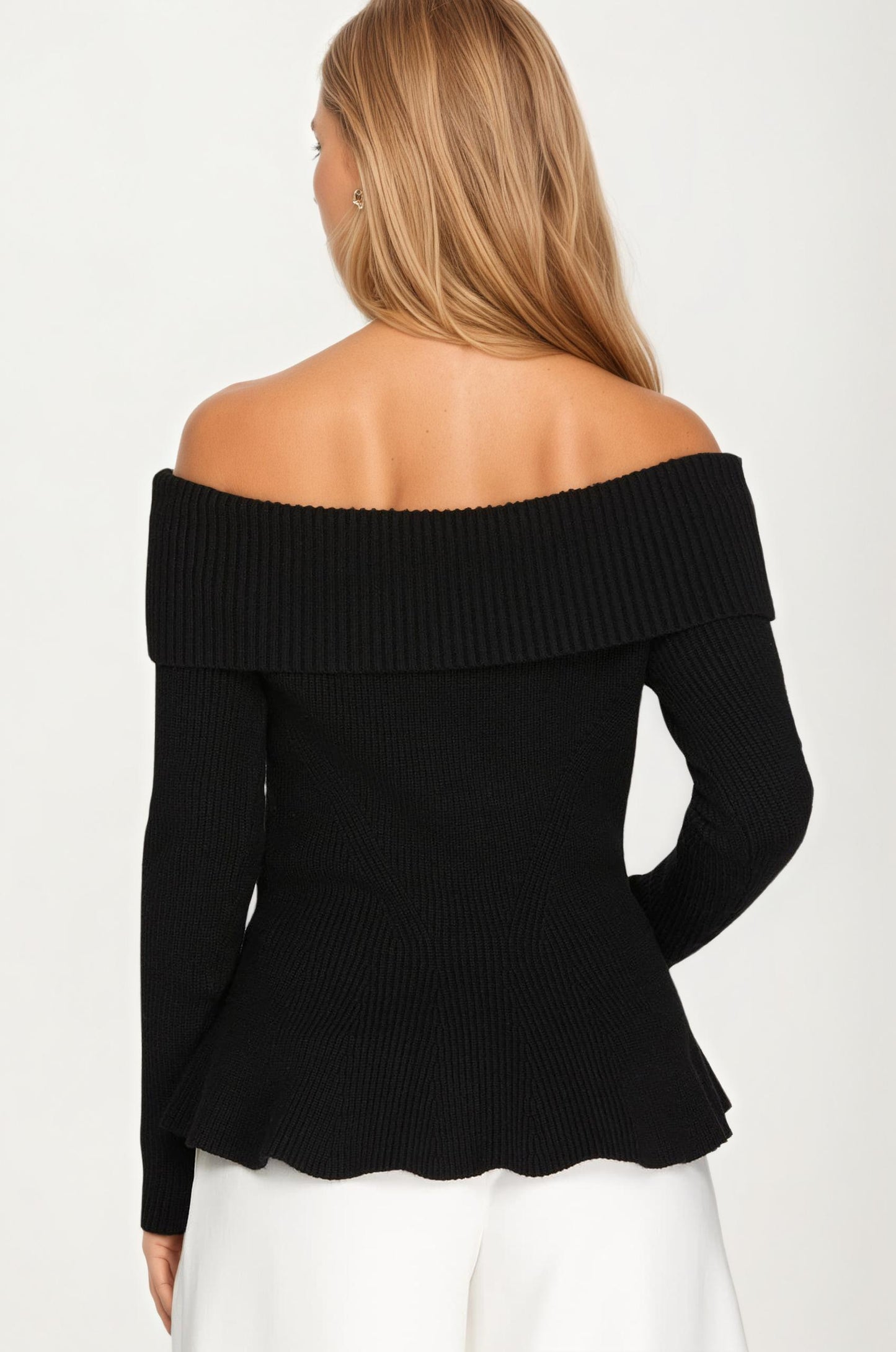 Off Shoulder Ribbed Knit Top with Long Sleeves