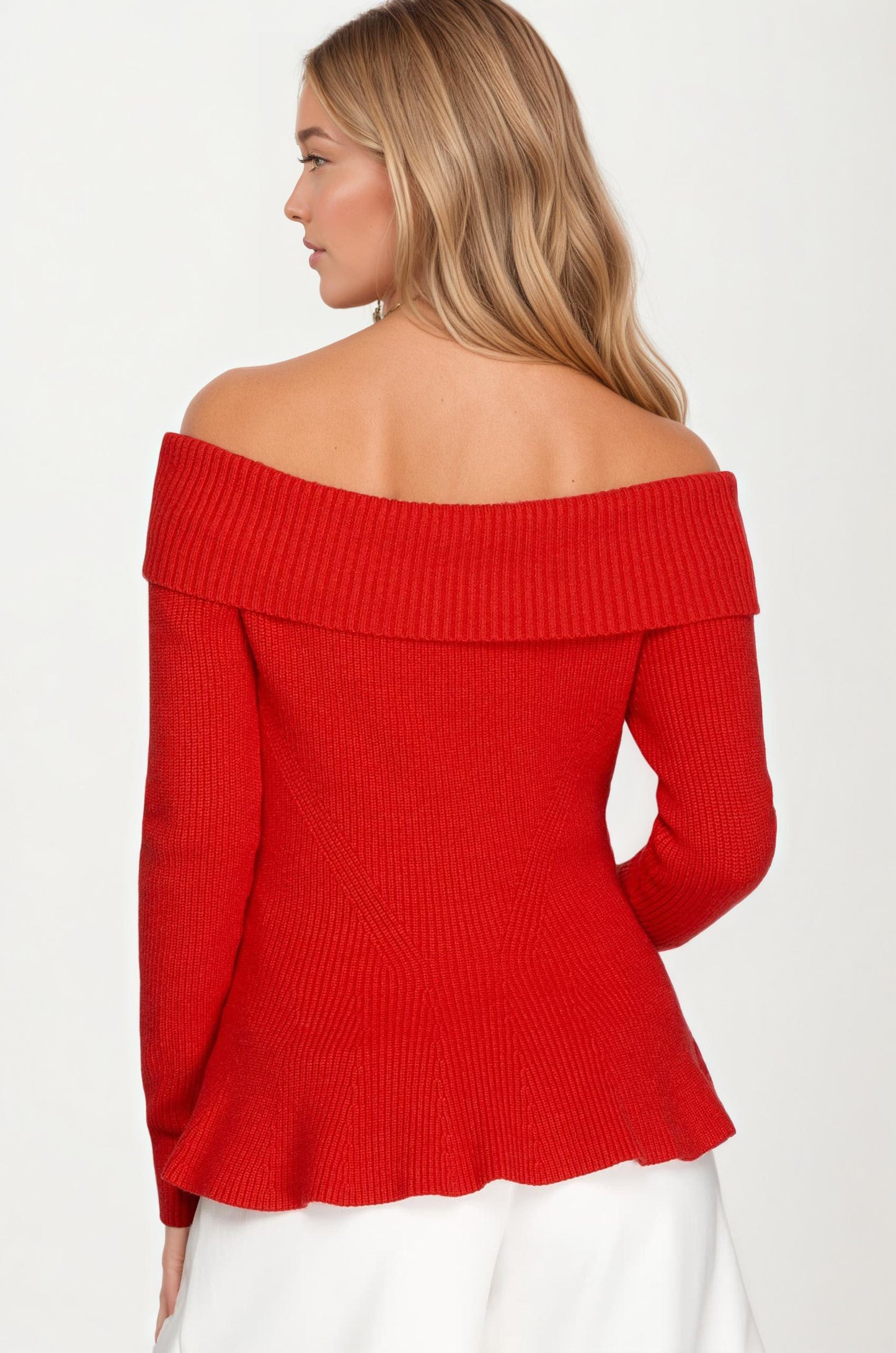 Off Shoulder Ribbed Knit Top with Long Sleeves