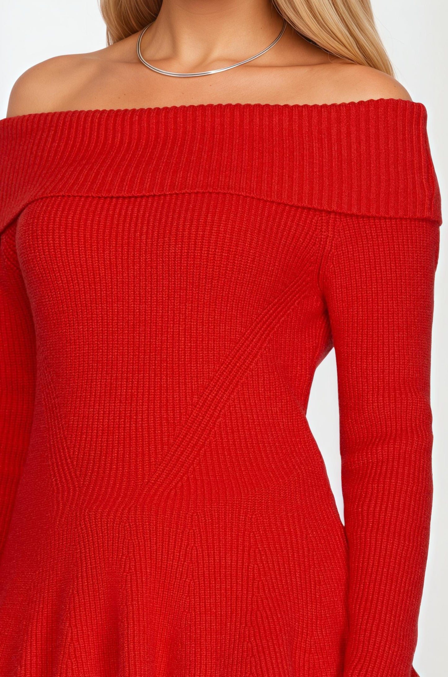 Off Shoulder Ribbed Knit Top with Long Sleeves