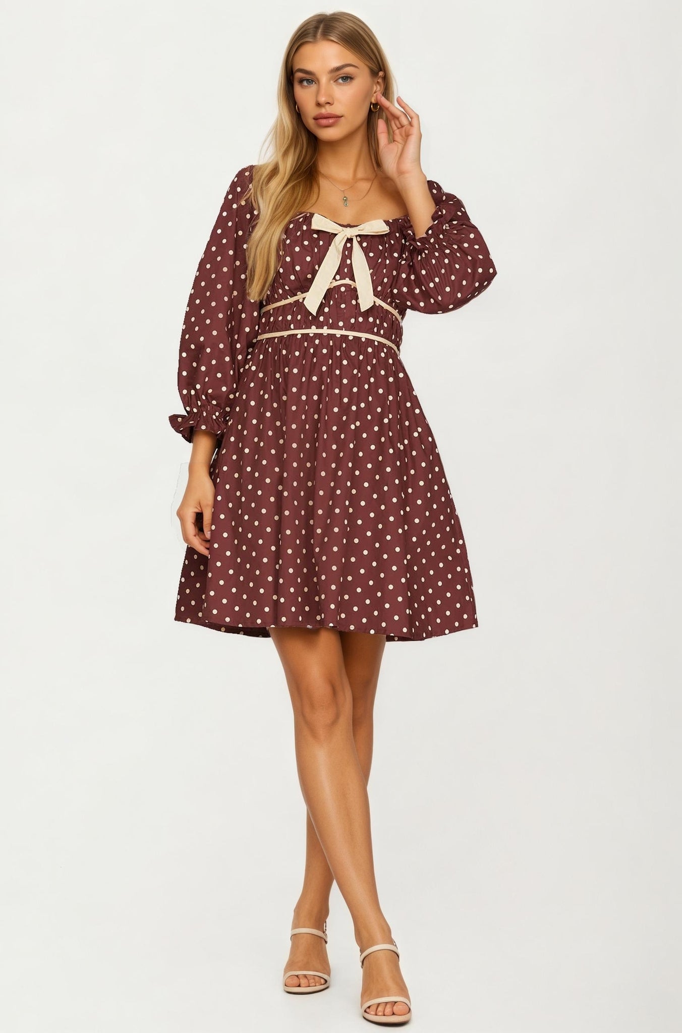 Polka Dot Puff Sleeve Mini Dress with Bow Detail