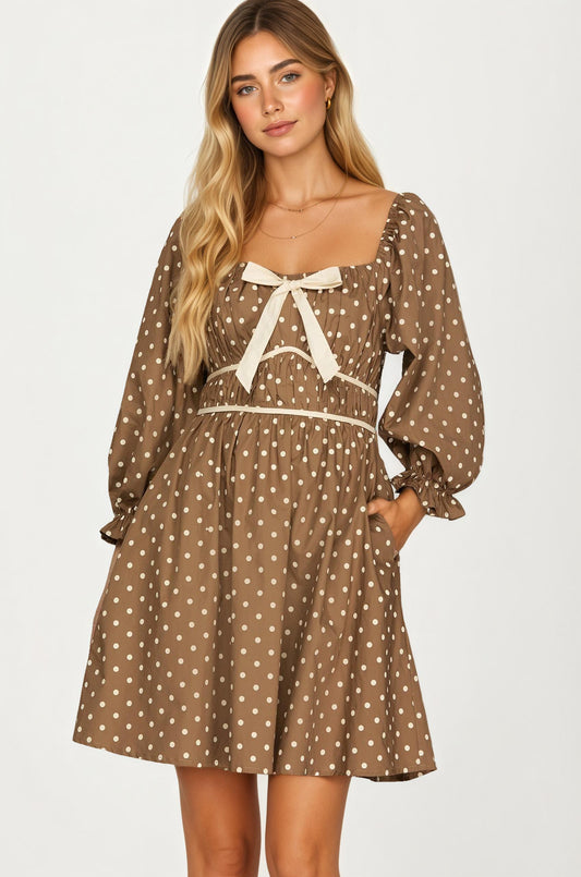 Polka Dot Puff Sleeve Mini Dress with Bow Detail
