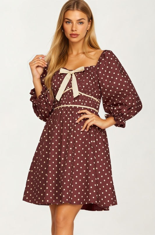 Polka Dot Puff Sleeve Mini Dress with Bow Detail