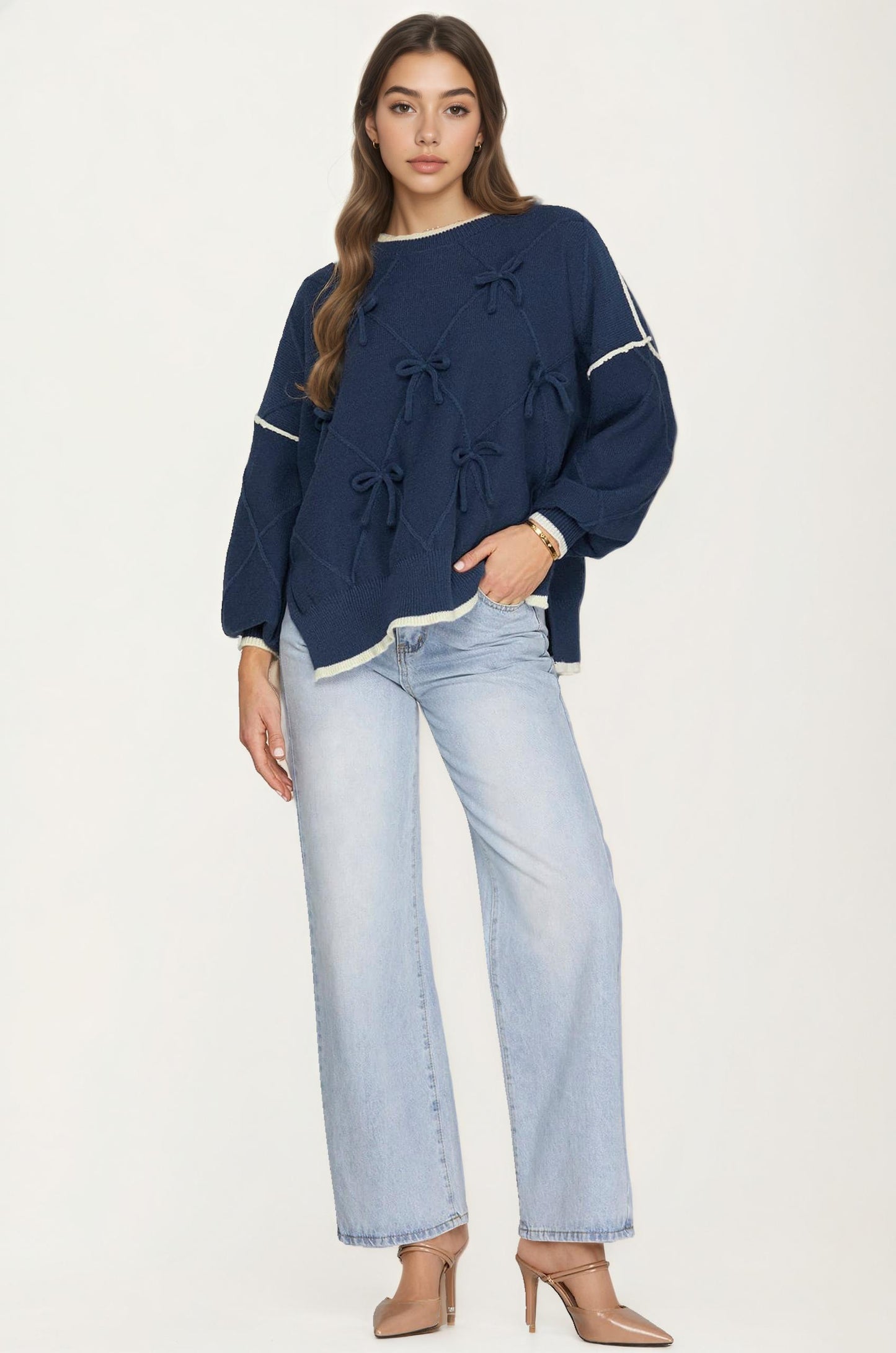 Bow Detail Knit Sweater with Contrast Trim