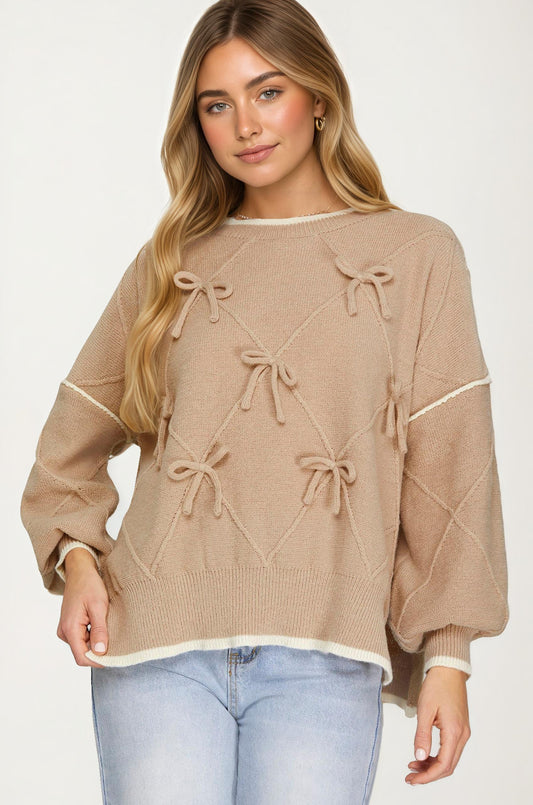 Bow Detail Knit Sweater with Contrast Trim
