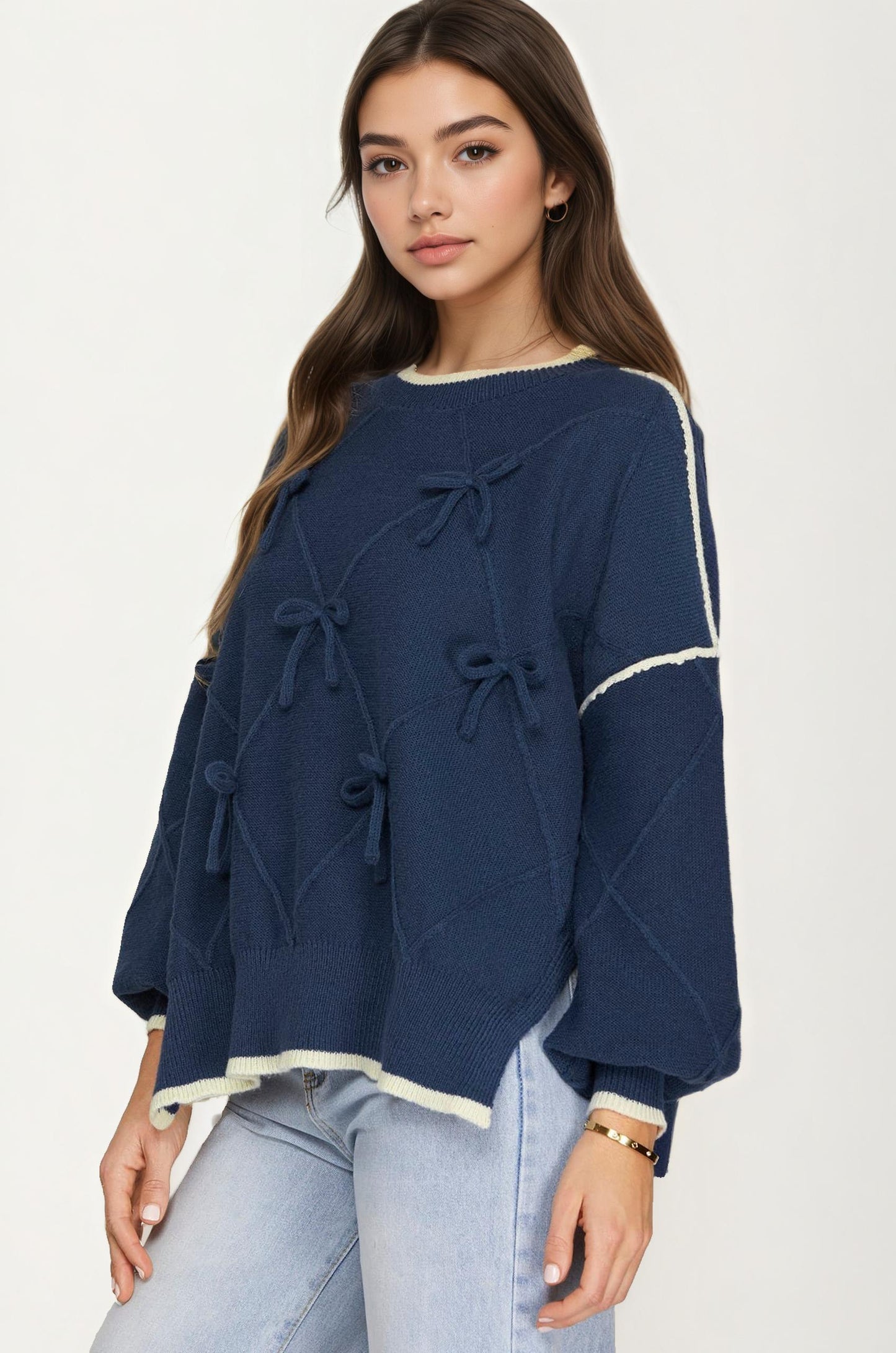 Bow Detail Knit Sweater with Contrast Trim