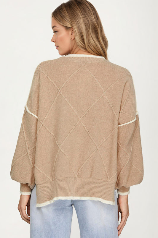 Bow Detail Knit Sweater with Contrast Trim