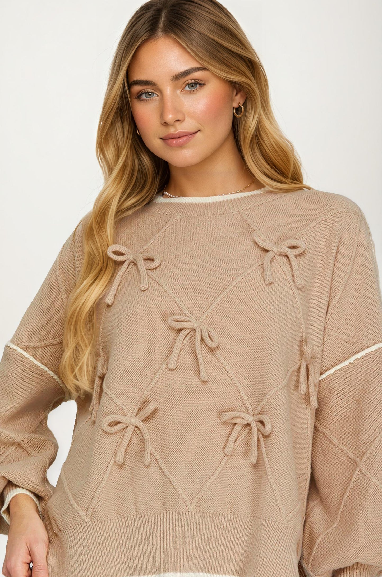 Bow Detail Knit Sweater with Contrast Trim