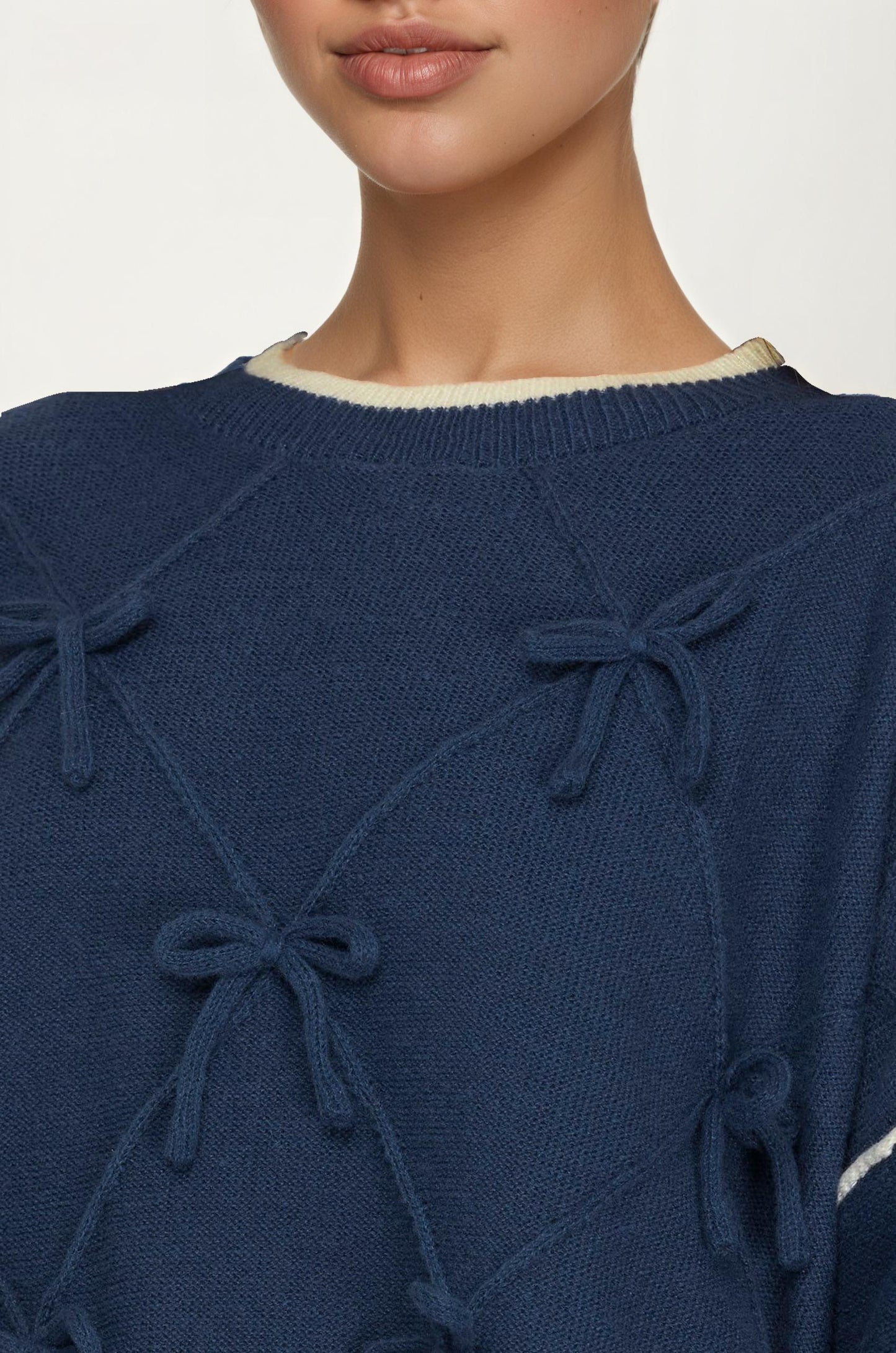 Bow Detail Knit Sweater with Contrast Trim