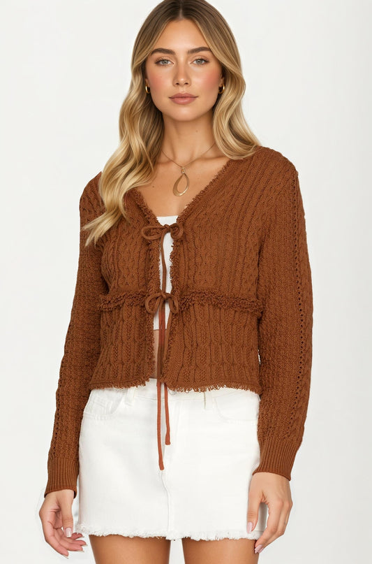 Cable Knit Tie Front Cardigan with Long Sleeves