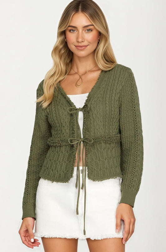 Cable Knit Tie Front Cardigan with Long Sleeves