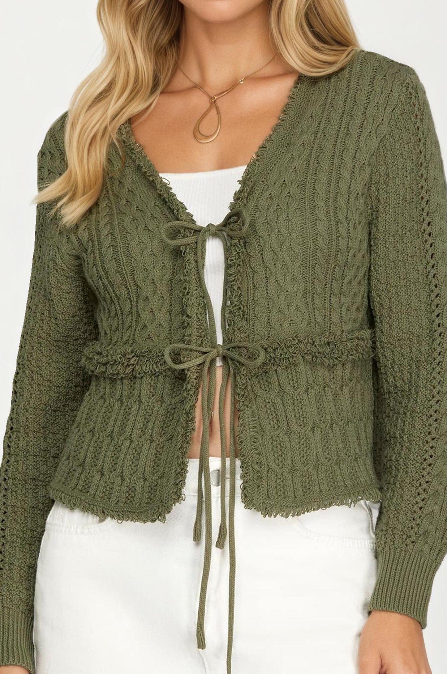 Cable Knit Tie Front Cardigan with Long Sleeves
