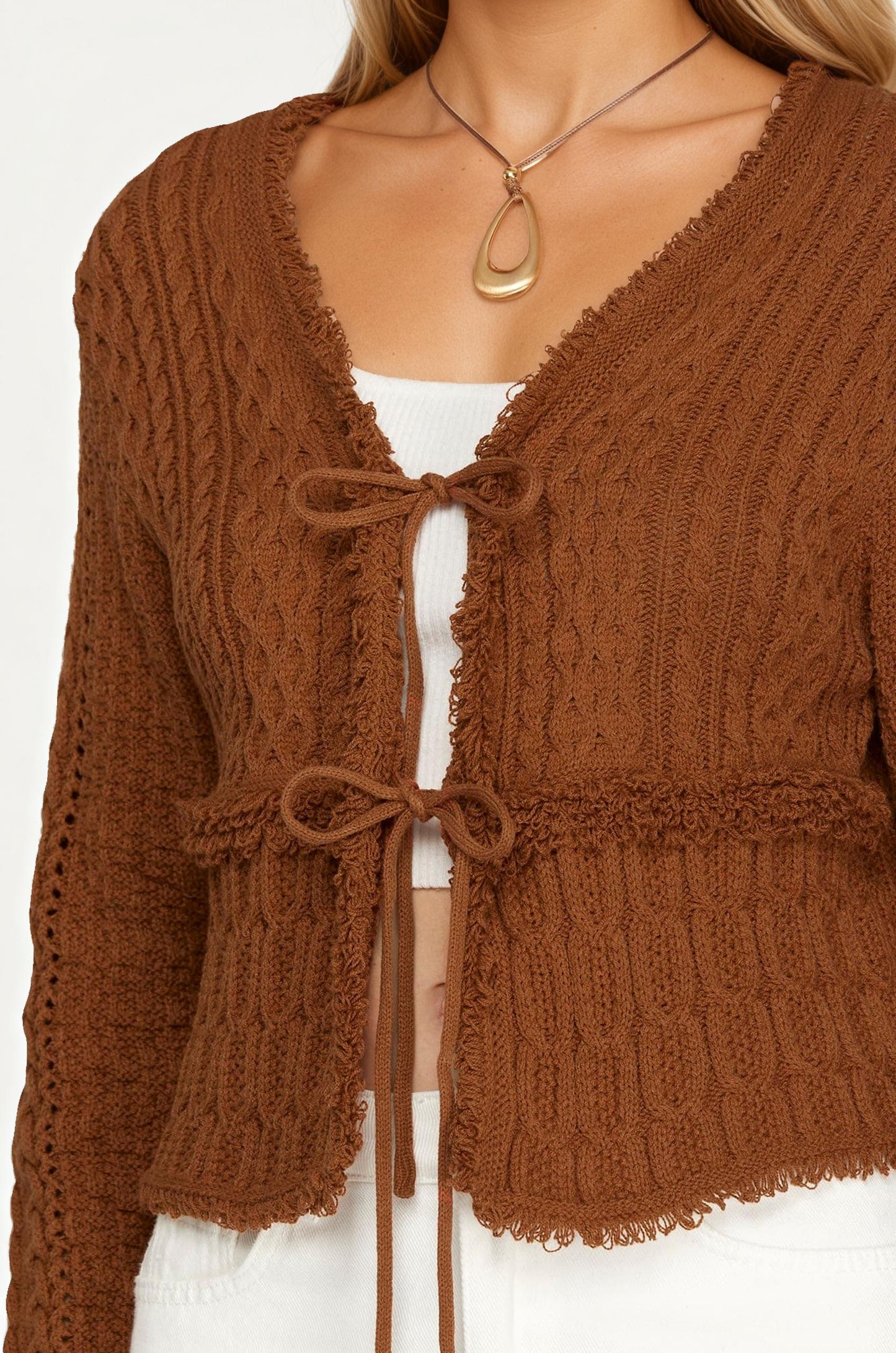 Cable Knit Tie Front Cardigan with Long Sleeves