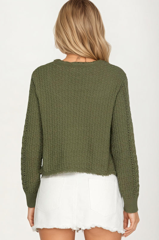 Cable Knit Tie Front Cardigan with Long Sleeves