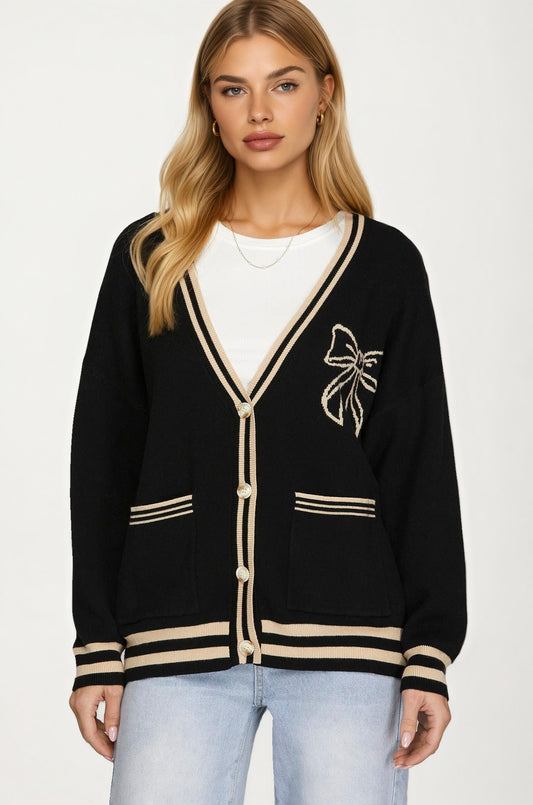 Bow Detail V-Neck Cardigan with Contrast Trim