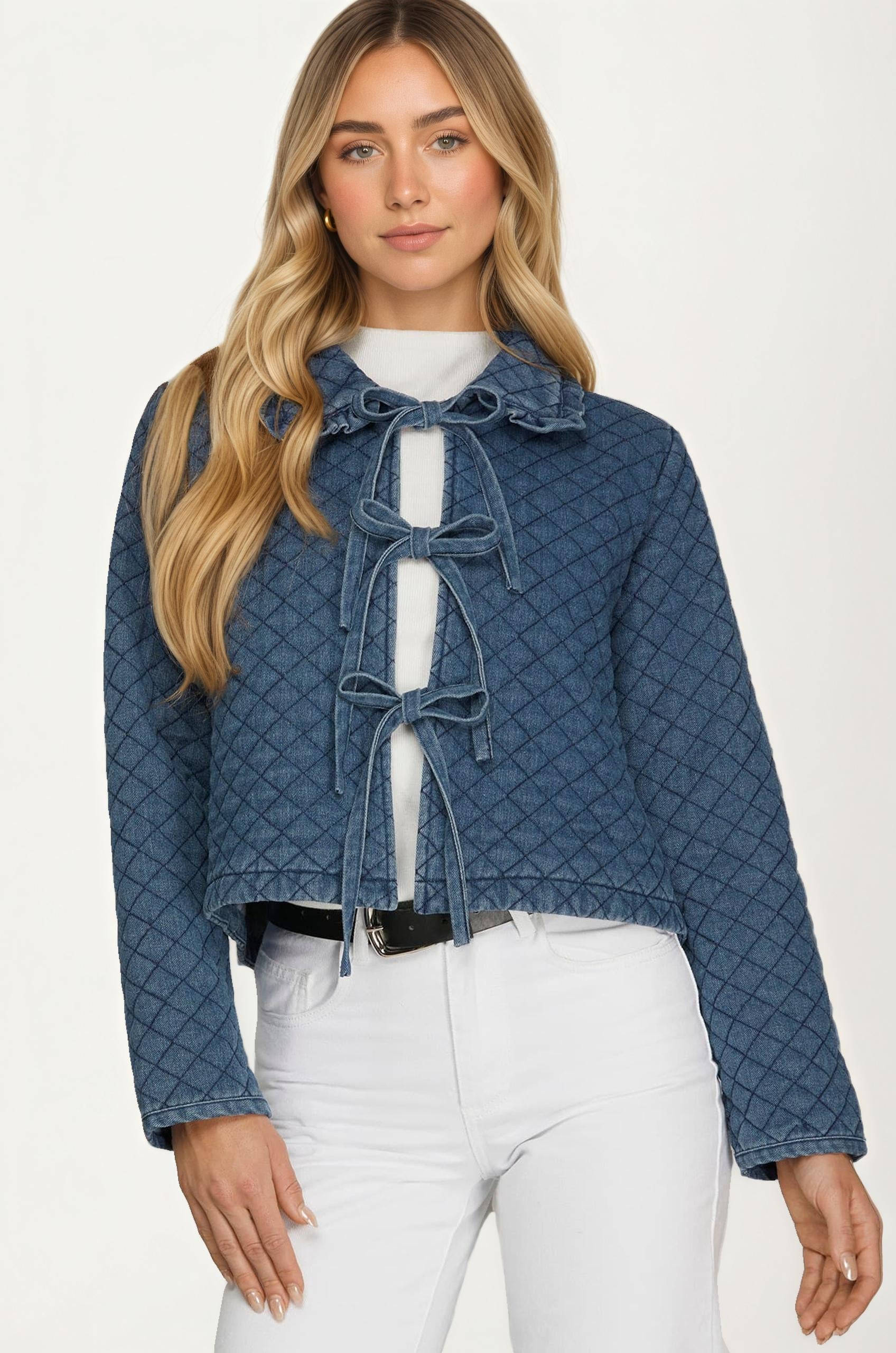 Quilted Denim Jacket with Bow Front Closures – Knit and Lounge