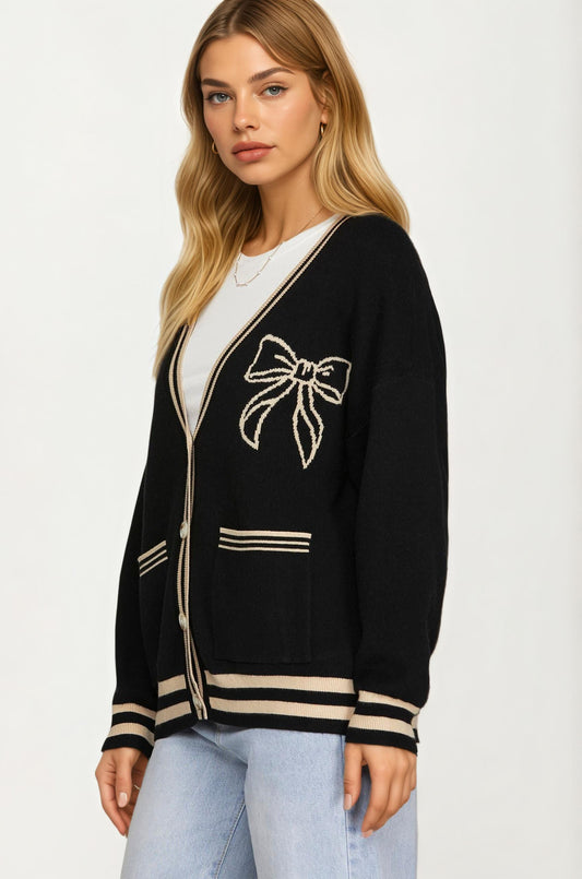 Bow Detail V-Neck Cardigan with Contrast Trim